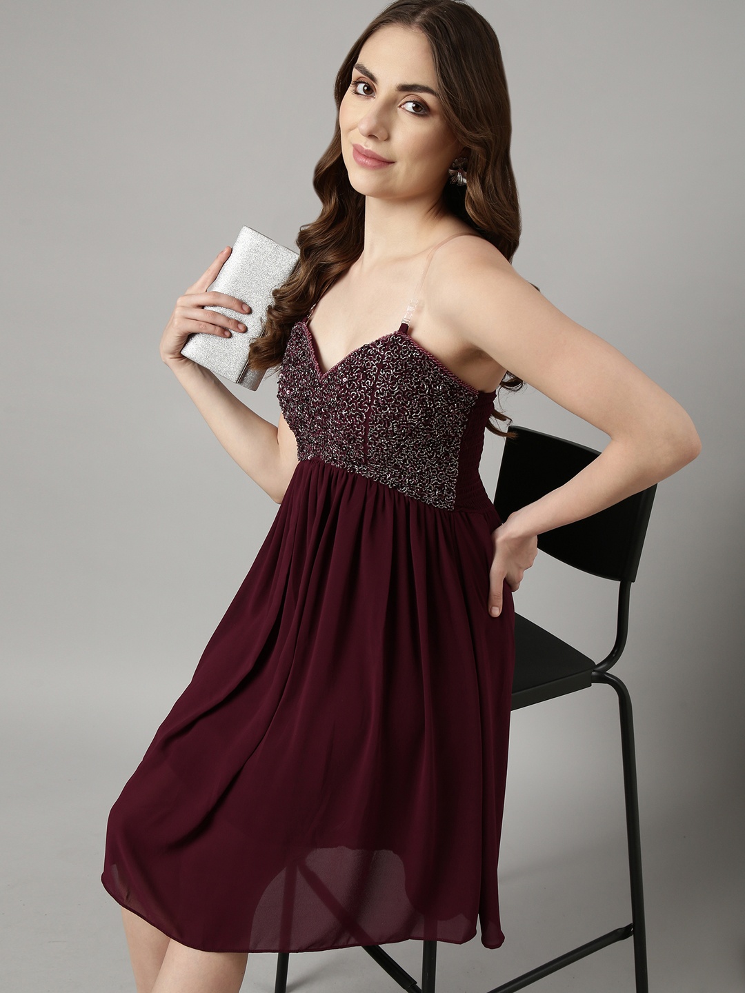 

SHOWOFF Embellished Shoulder Straps Smocked Georgette Empire Dress, Purple