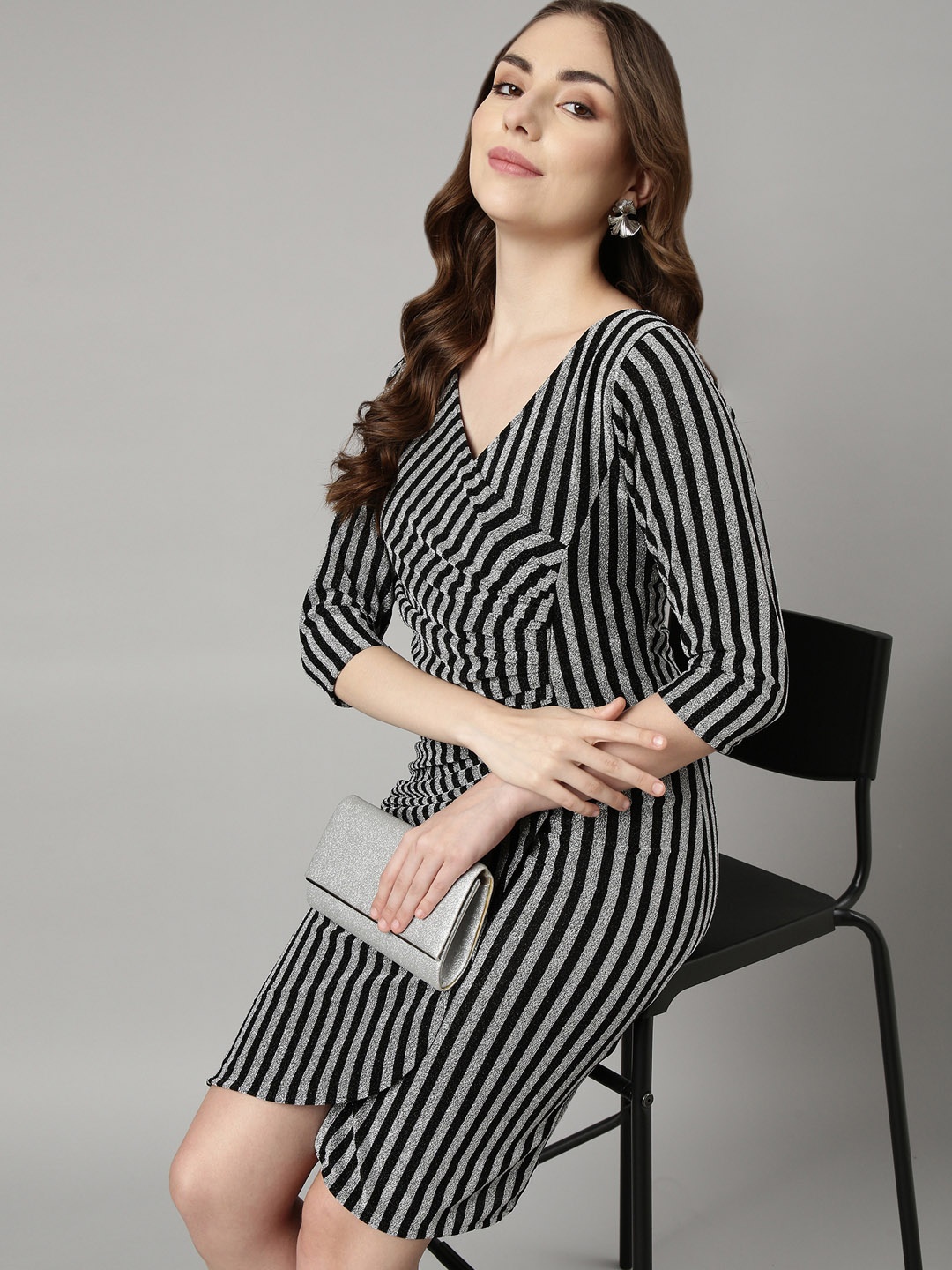 

SHOWOFF Striped Wrap Party Wear Dress, Grey