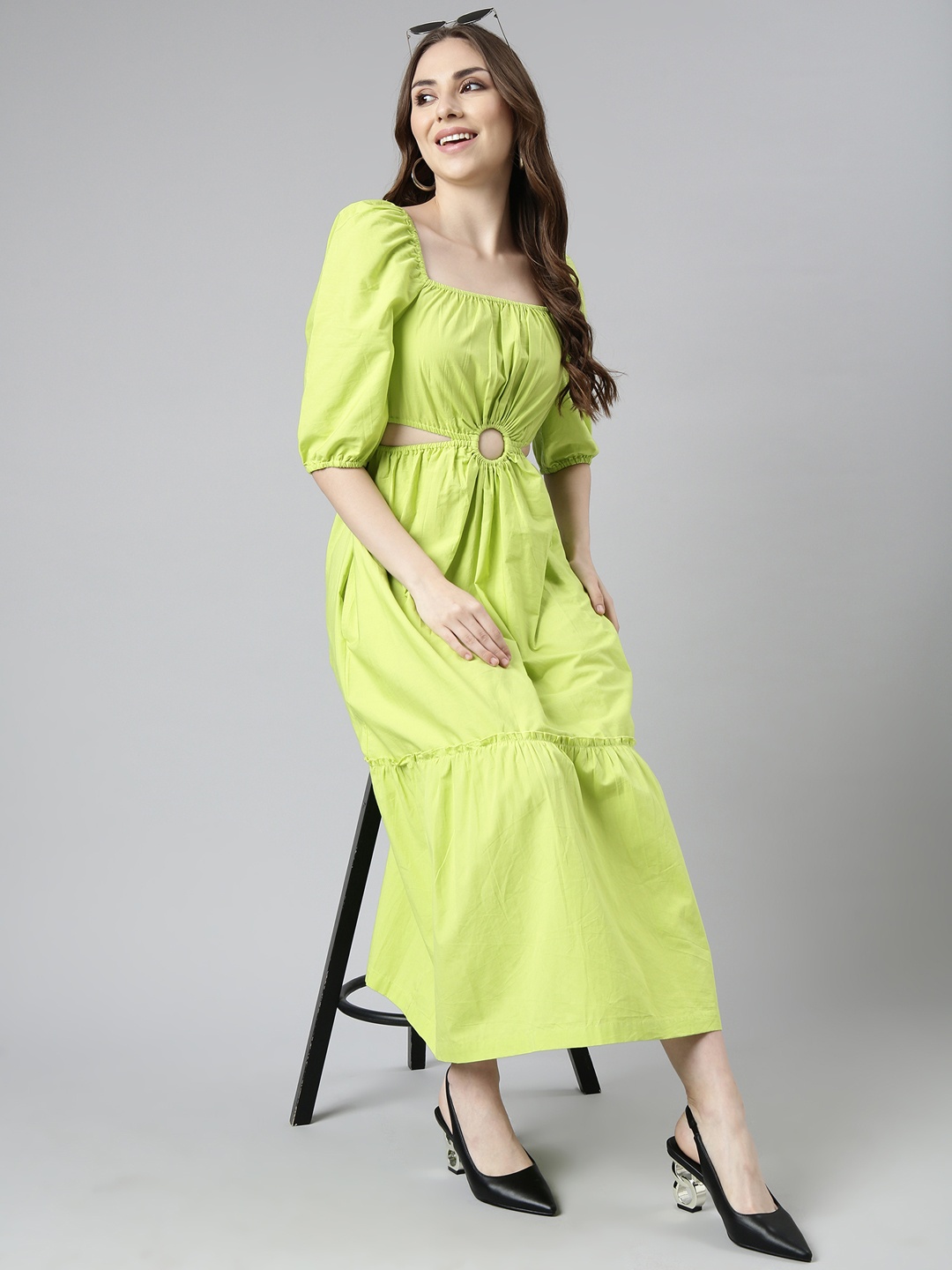 

SHOWOFF Cotton Square Neck Puff Sleeve Opaque Maxi Midi Dress, Green
