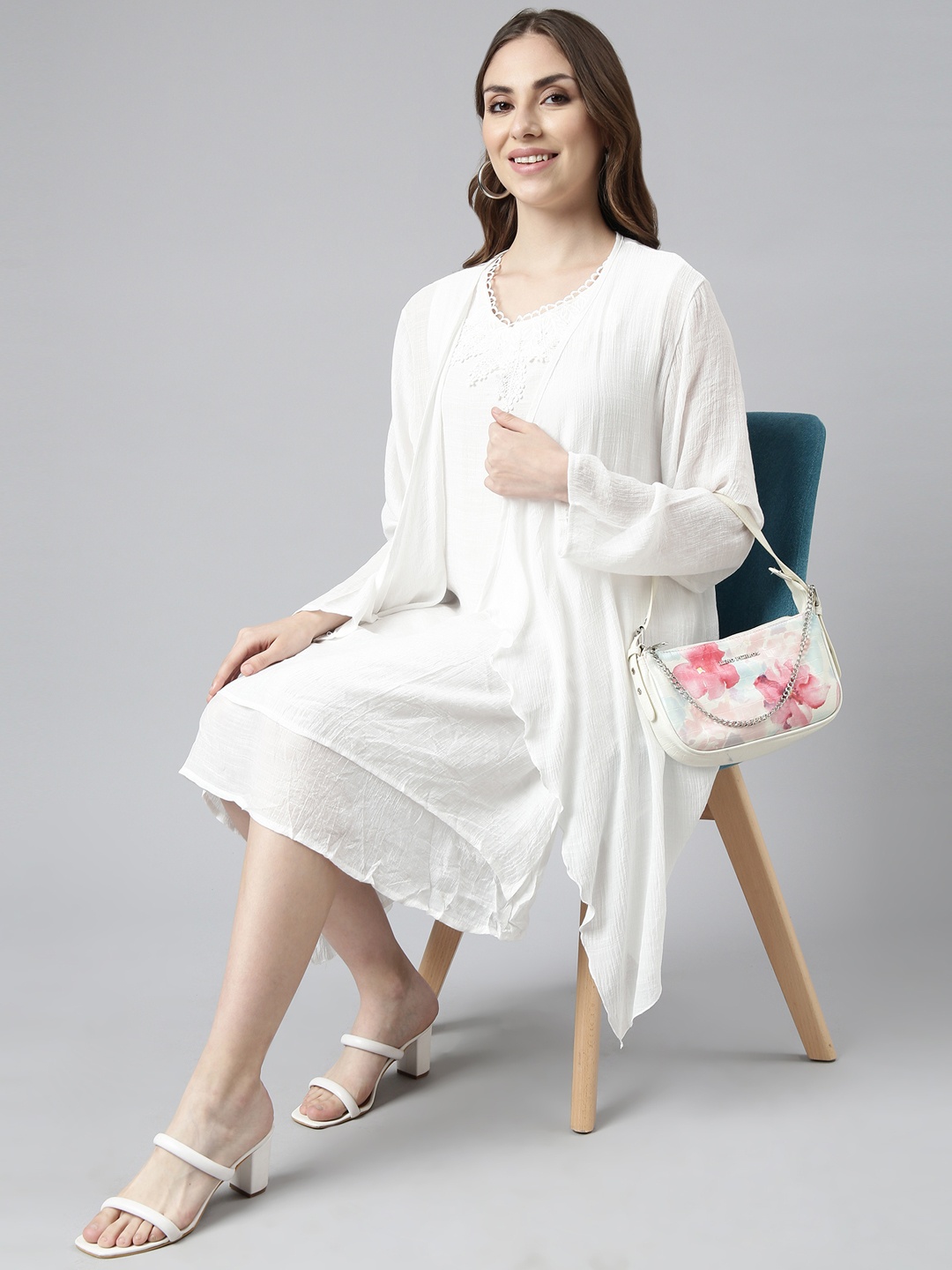 

SHOWOFF Round Neck Cotton A-Line Midi Casual Dress With Shrug, White