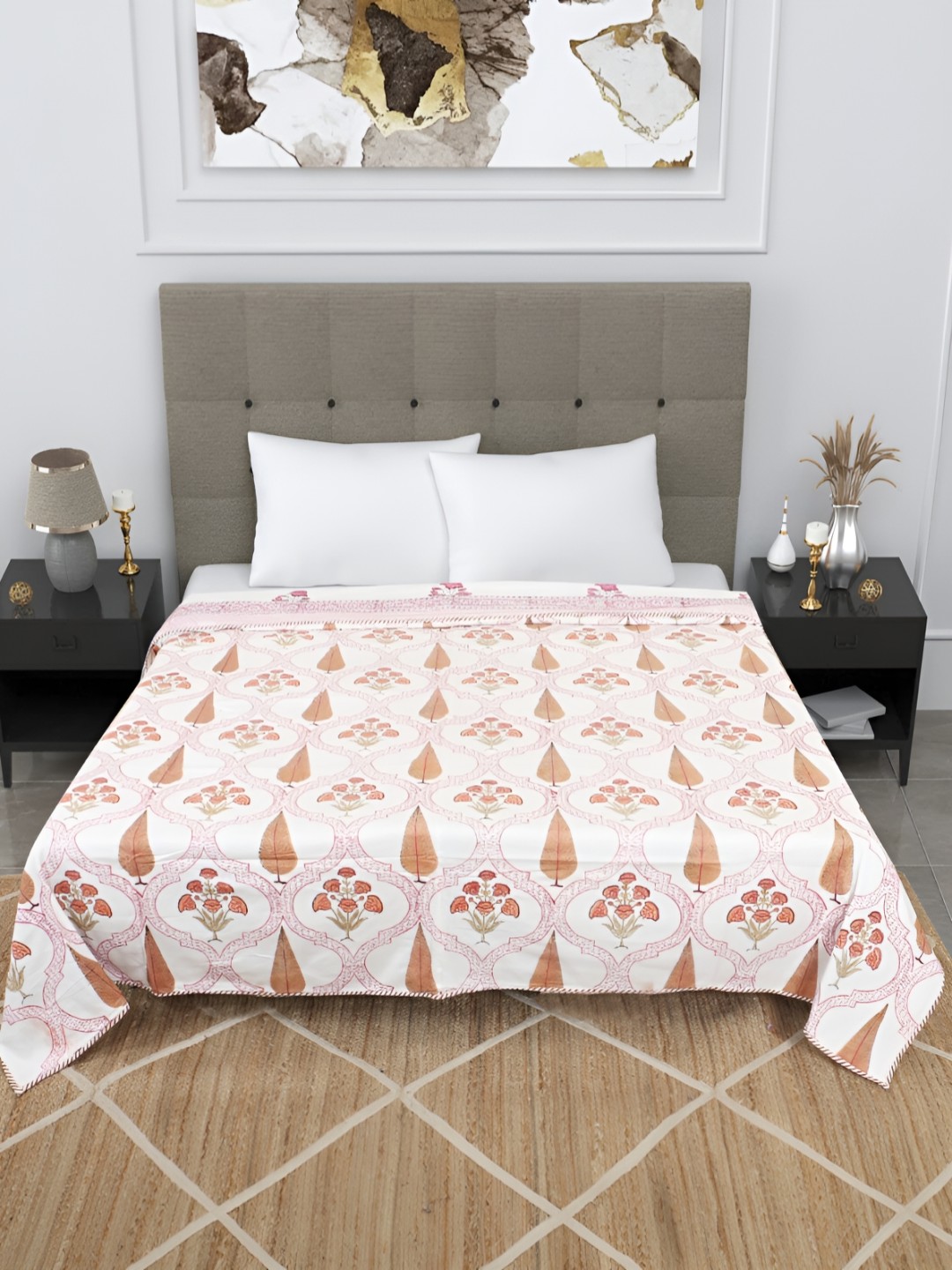 

Bohekant White & Pink Floral Organic Cotton AC Room 180 GSM Reversible Double Bed Dohar