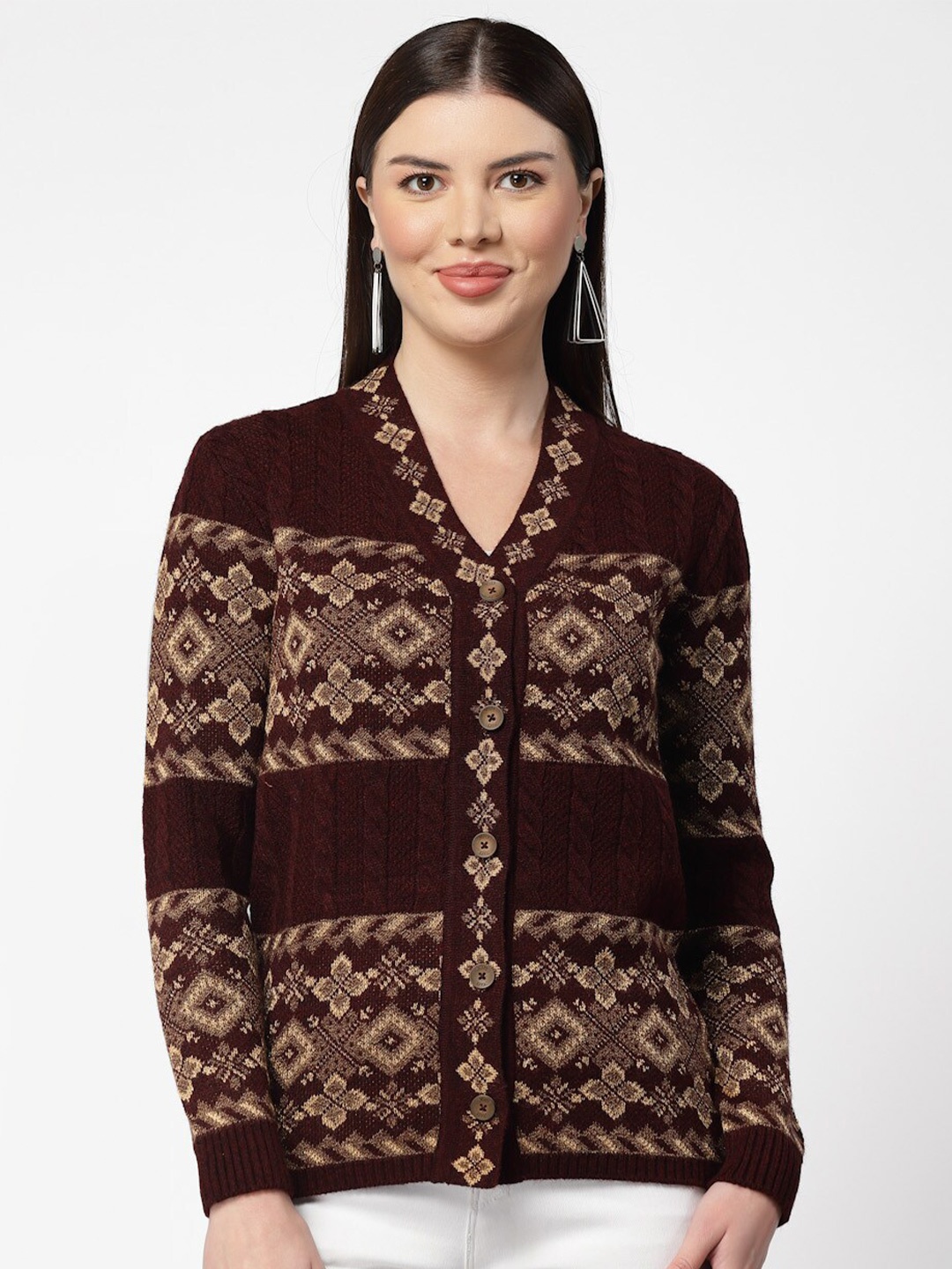 

Kalt Geometric Printed Jacquard Acrylic Cardigan Sweater, Maroon