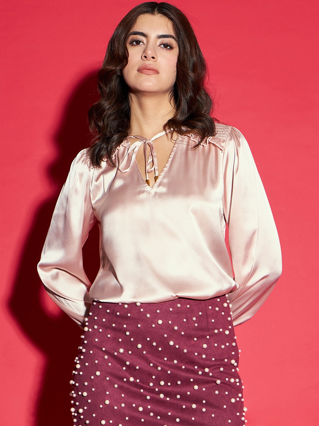 

URBANGRACE BY KASSUALLY Cream Tie-Up Neck Cuffed Sleeves Satin Top