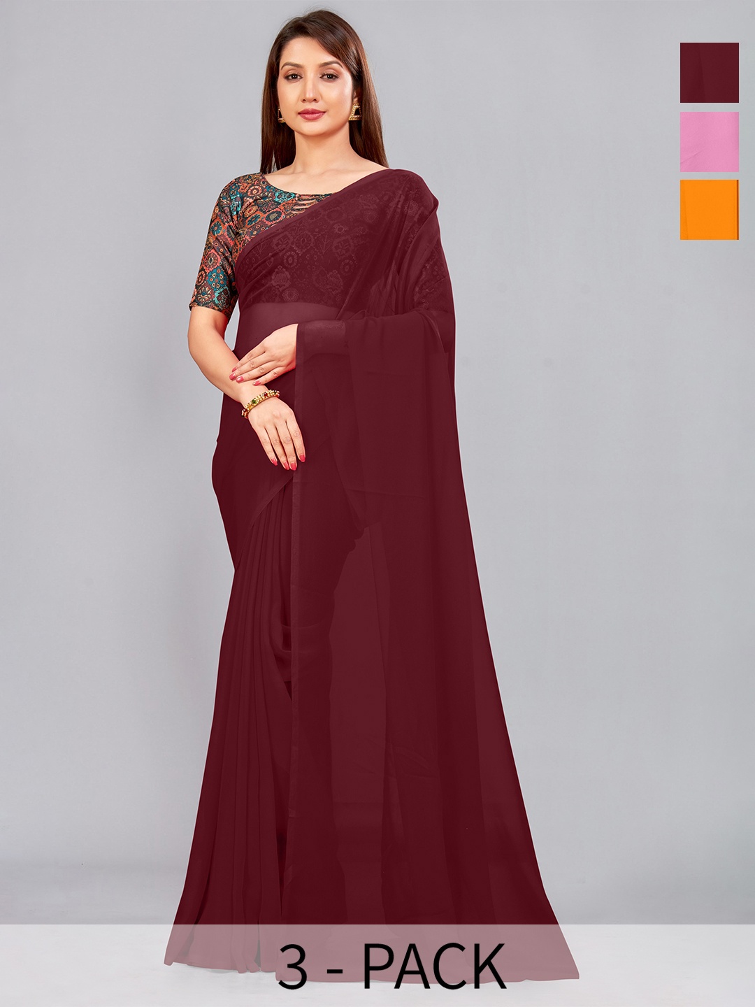 

CastilloFab Selection Of 3 Pure Georgette Saree, Maroon