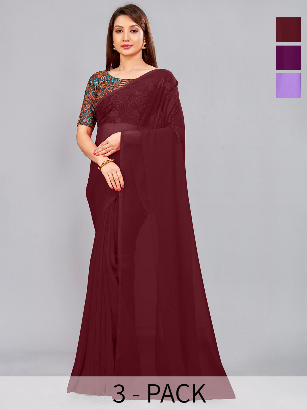 

CastilloFab Selection Of 3 Pure Georgette Saree, Maroon
