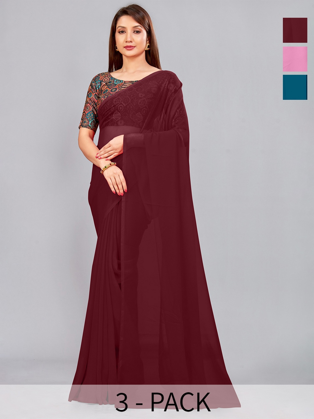 

CastilloFab Section of 3 Pure Georgette Sarees, Maroon
