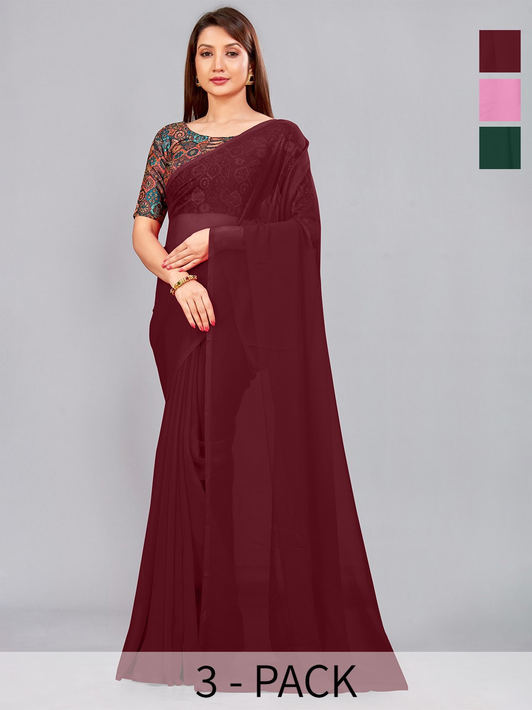 

CastilloFab Selection Of 3 Pure Georgette Saree, Maroon