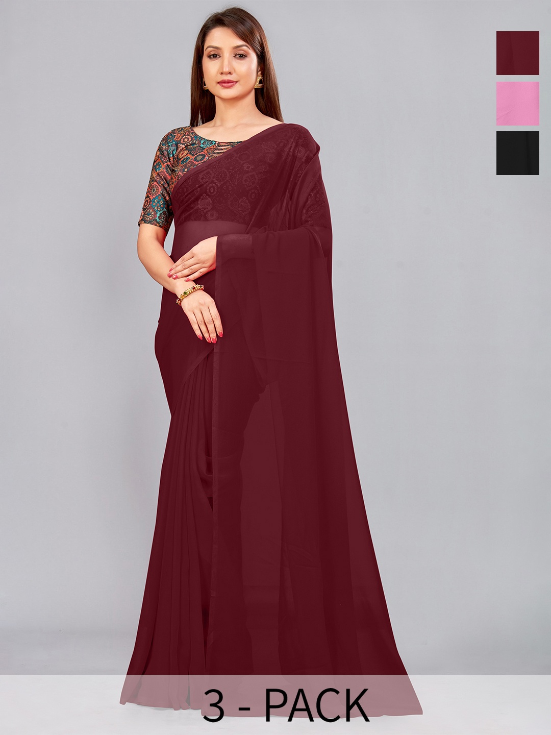 

CastilloFab Selection Of 3 Pure Georgette Sarees, Maroon