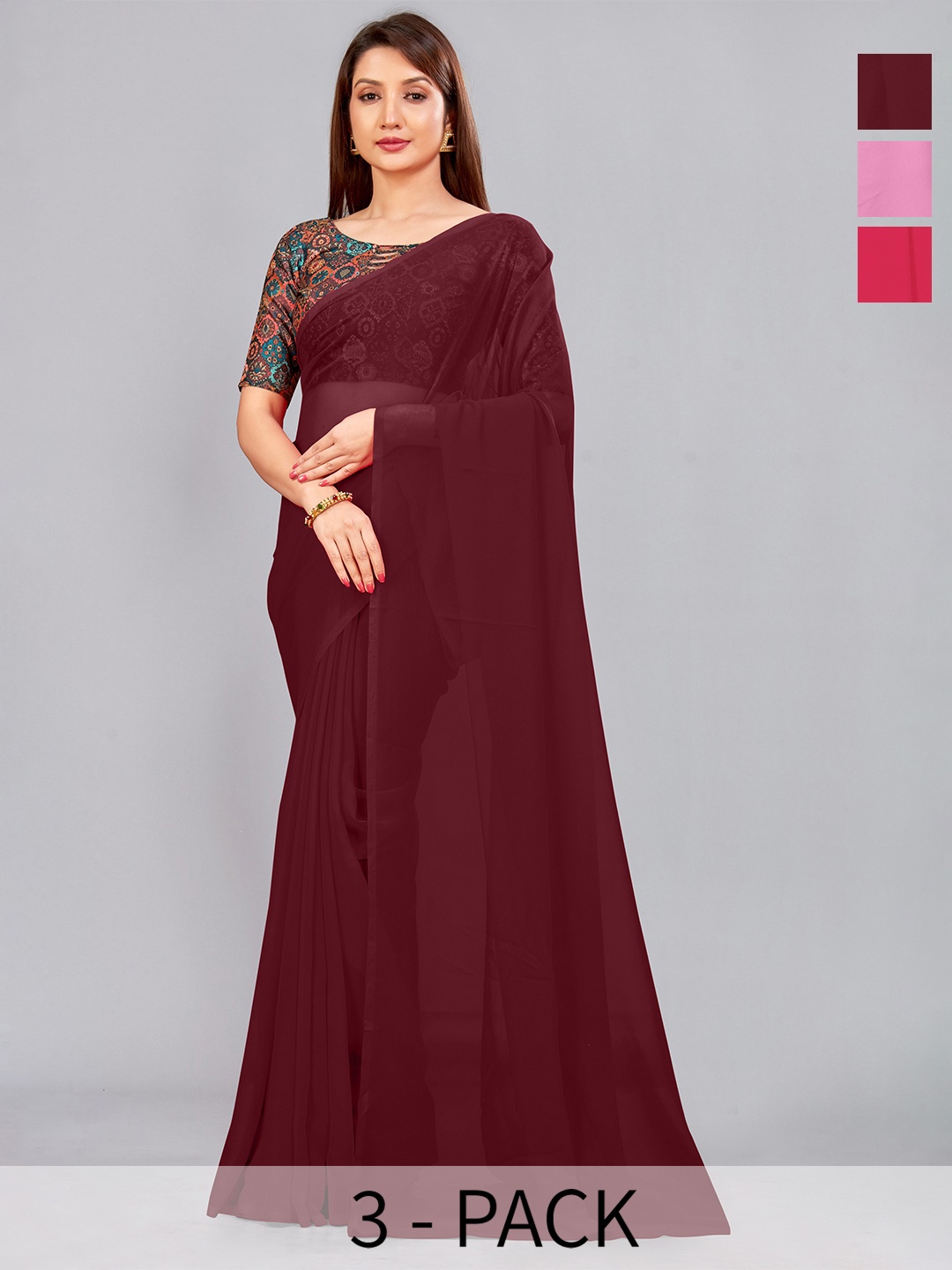 

CastilloFab Selection Of 3 Pure Georgette Saree, Maroon