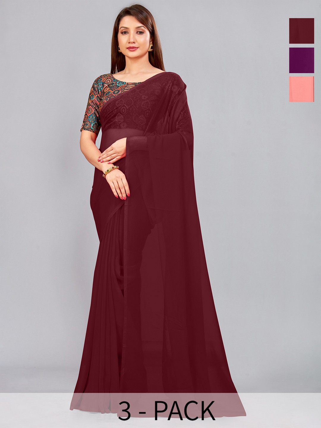 

CastilloFab Selection of 3 Pure Georgette Sarees, Maroon