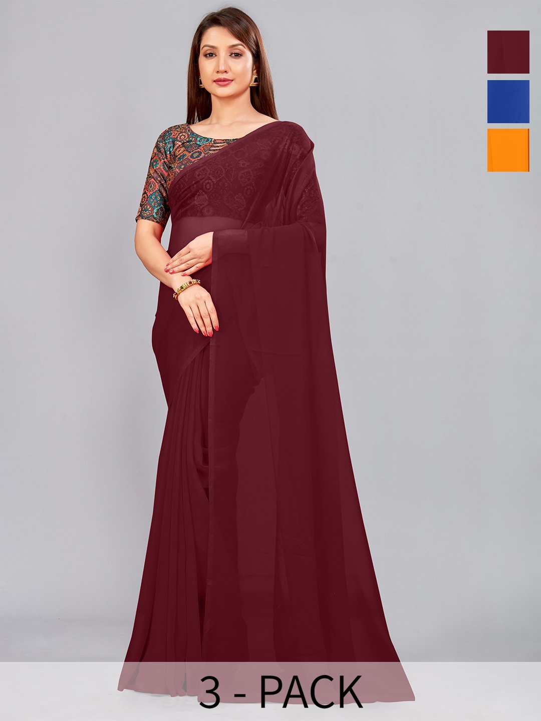 

CastilloFab Selection Of 3 Pure Georgette Saree, Maroon
