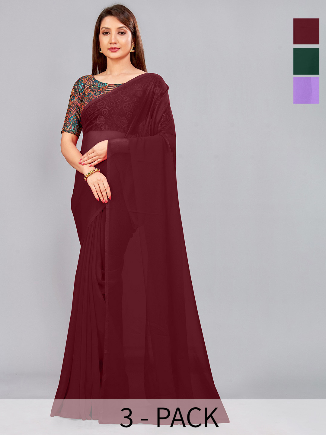 

CastilloFab Section of 3 Pure Georgette Sarees, Maroon