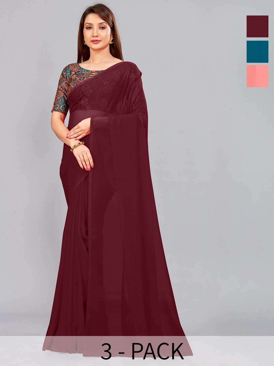

CastilloFab Selection Of 3 Pure Georgette Sarees, Maroon