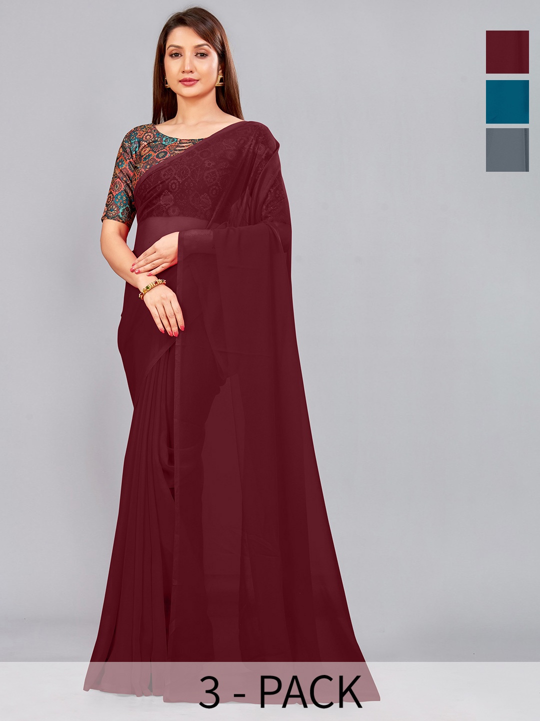 

CastilloFab Selection Of 3 Pure Georgette Sarees, Maroon