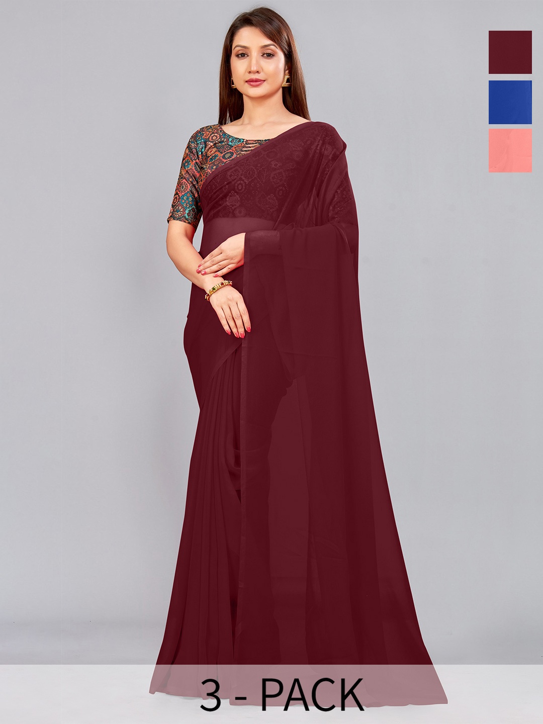 

CastilloFab Selection Of 3 Pure Georgette Saree, Maroon