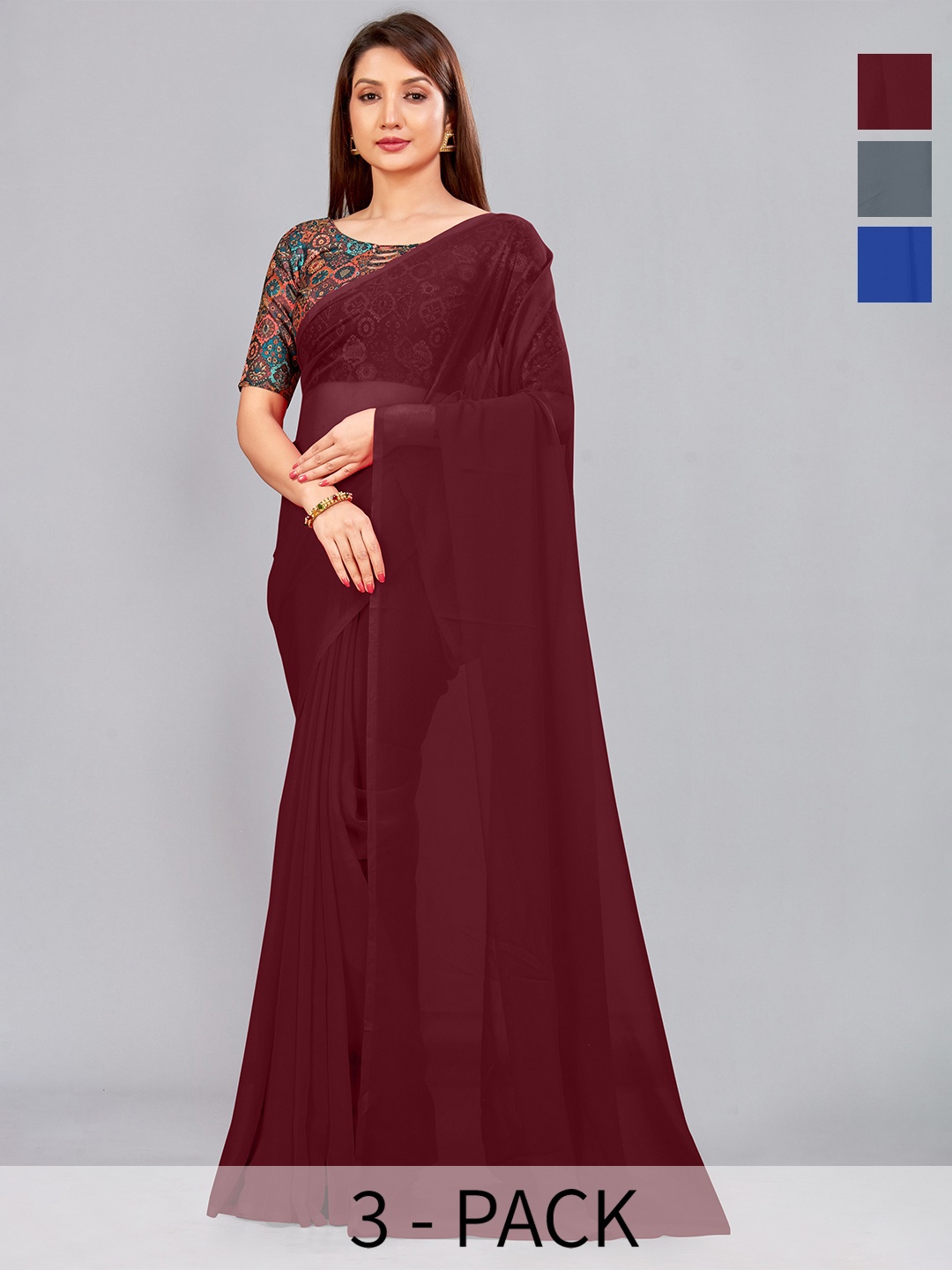

CastilloFab Selection of 3 Pure Georgette Sarees, Maroon