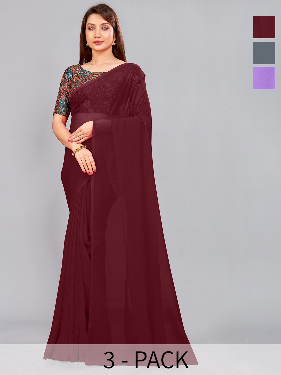 

CastilloFab Selection Of 3 Pure Georgette Sarees, Maroon