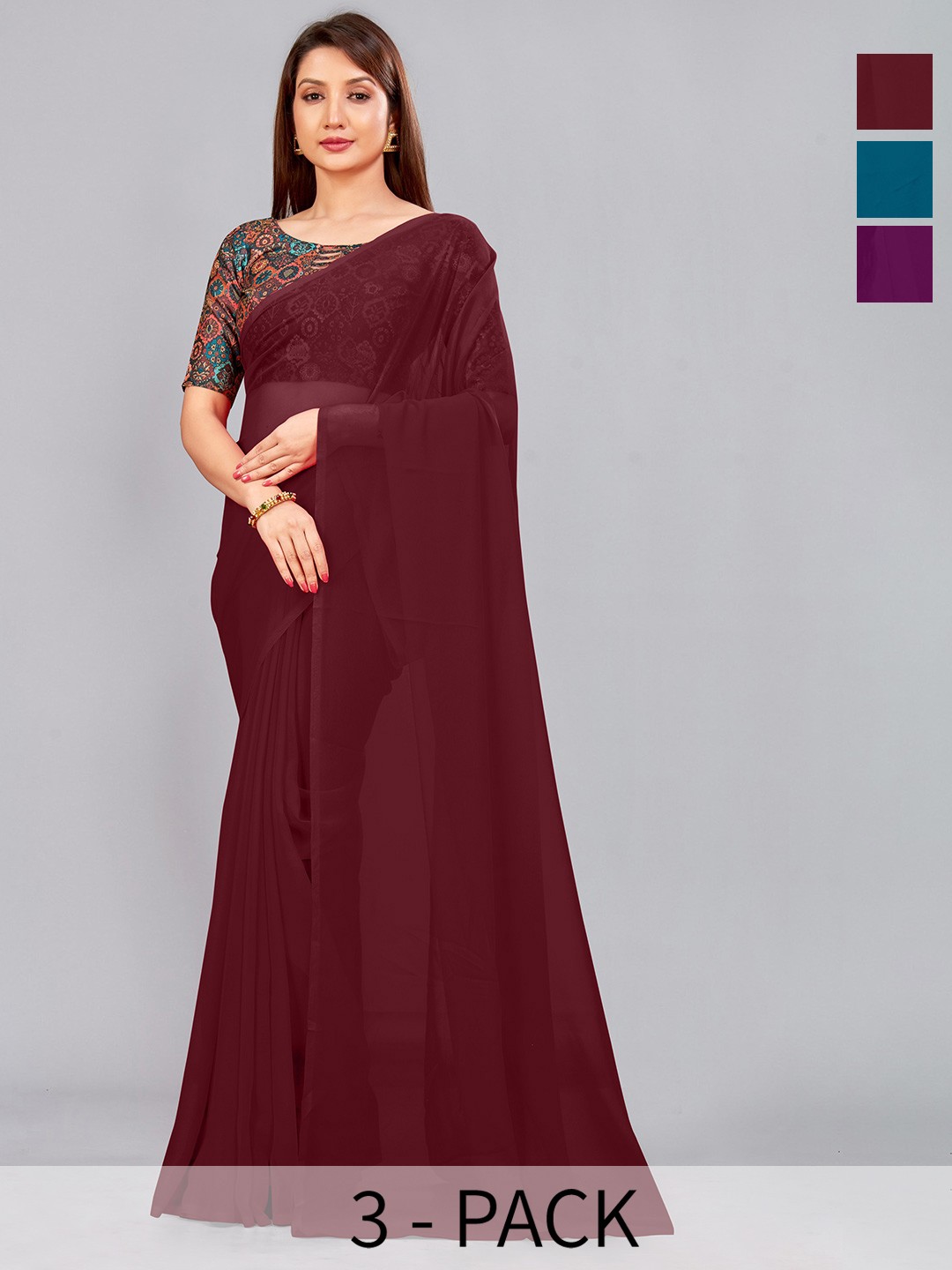 

CastilloFab Selection of 3 Pure Georgette Sarees, Maroon