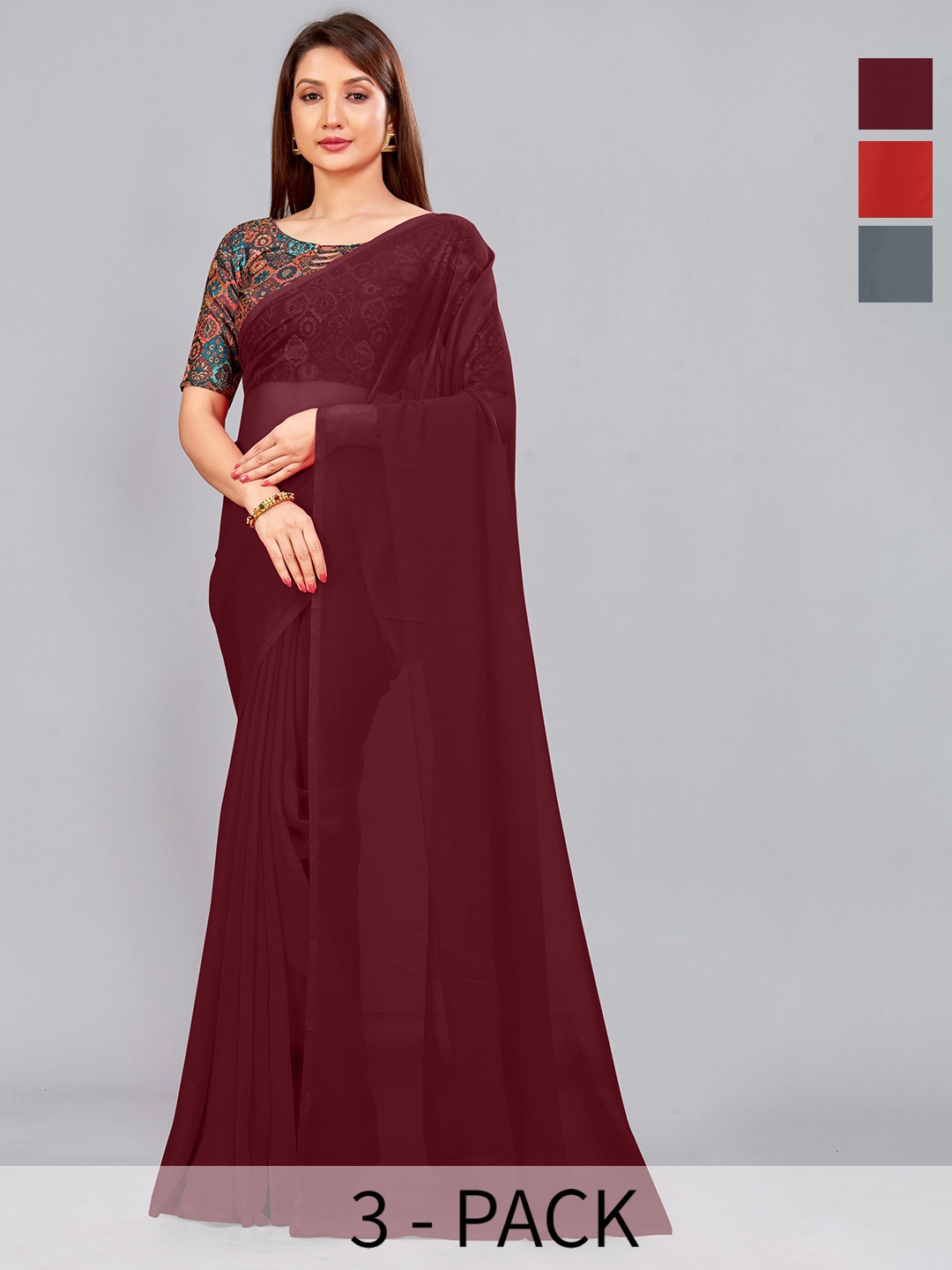 

CastilloFab Section of 3 Pure Georgette Sarees, Maroon