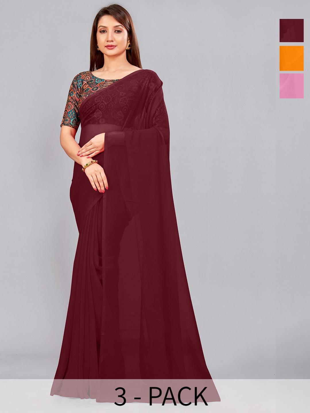 

CastilloFab Selection Of 3 Pure Georgette Saree, Maroon
