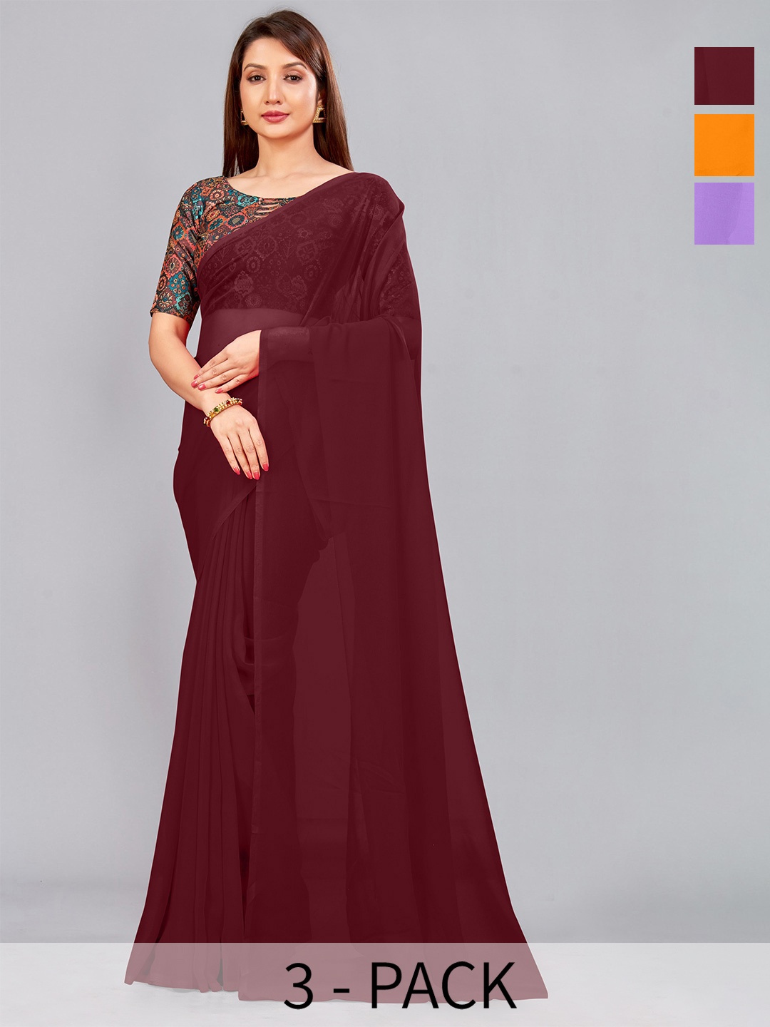 

CastilloFab Selection Of 3 Pure Georgette Saree, Maroon