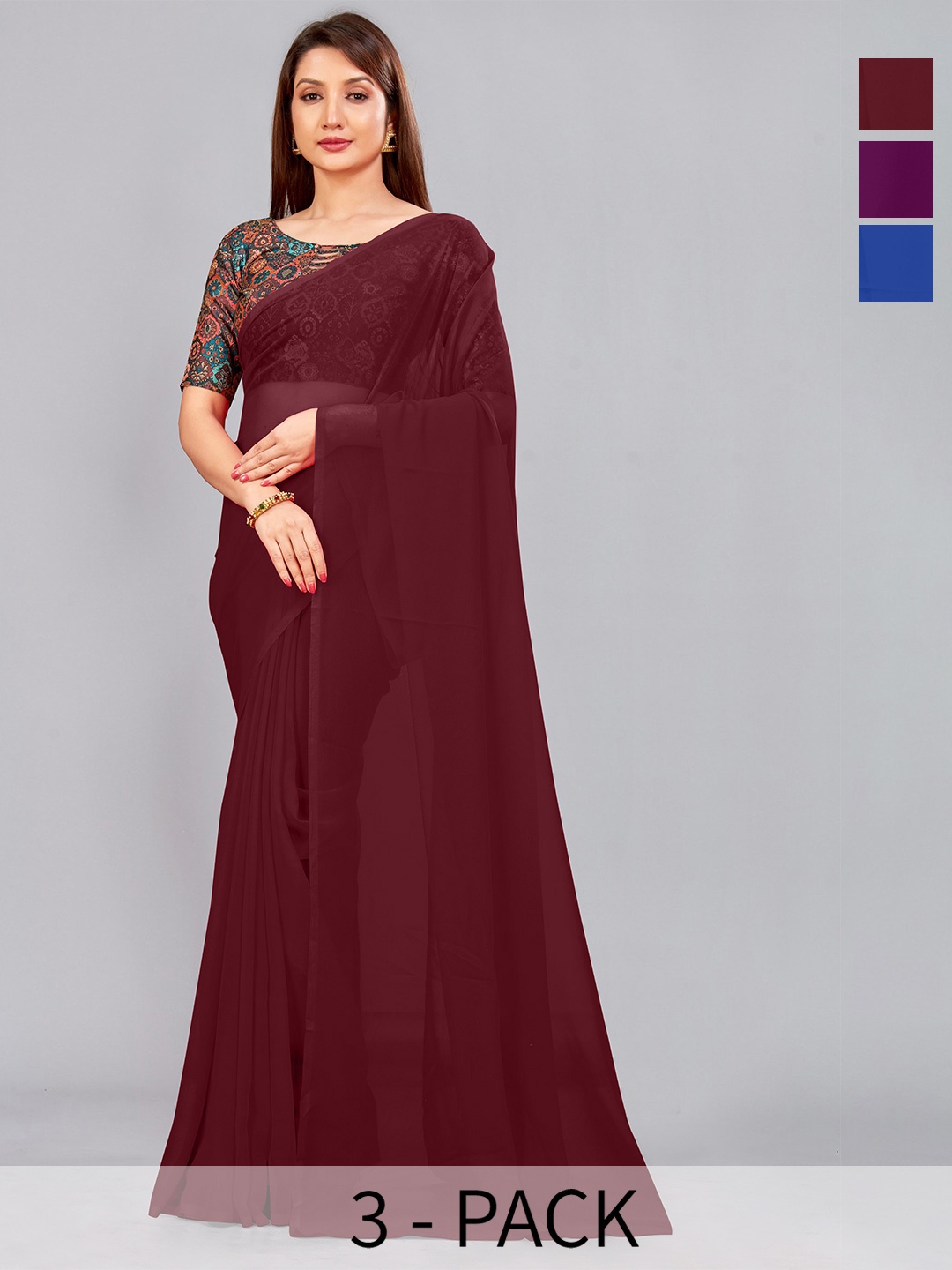 

CastilloFab Selection Of 3 Pure Georgette Sarees, Maroon