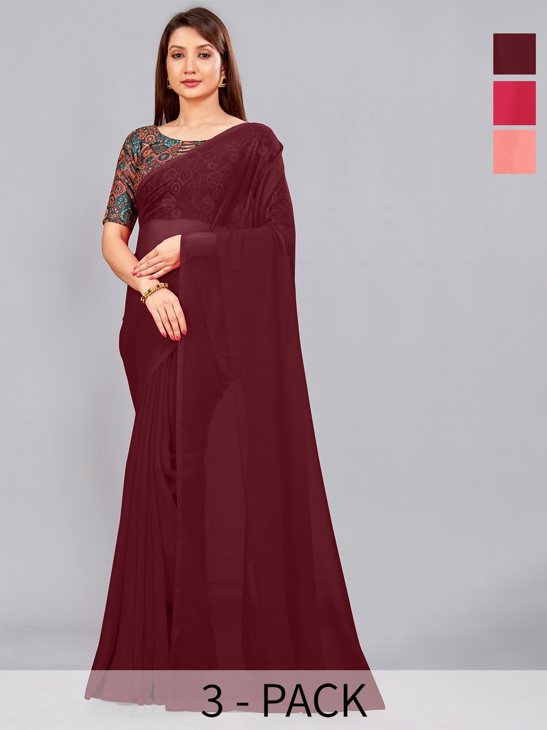 

CastilloFab Section of 3 Pure Georgette Sarees, Maroon