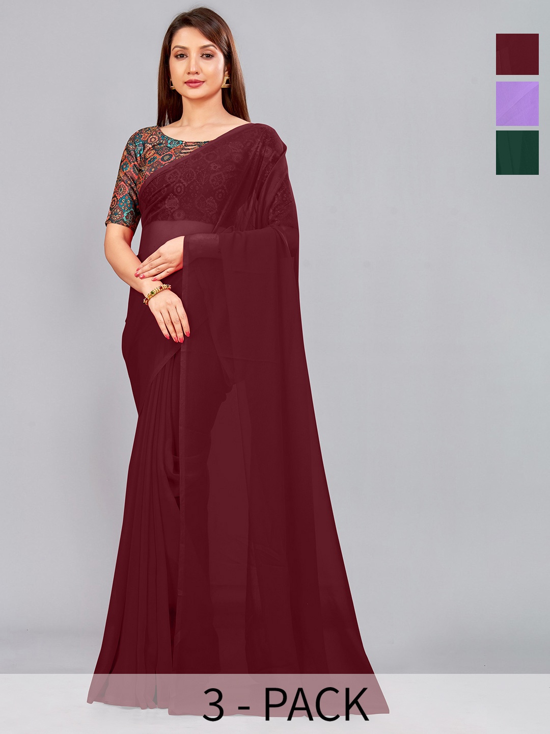 

CastilloFab Selection of 3 Pure Georgette Sarees, Maroon