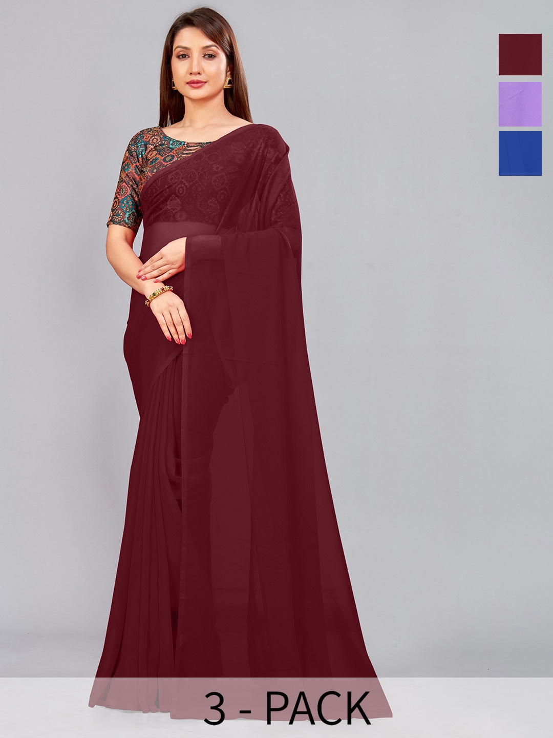 

CastilloFab Selection of 3 Pure Georgette Sarees, Maroon