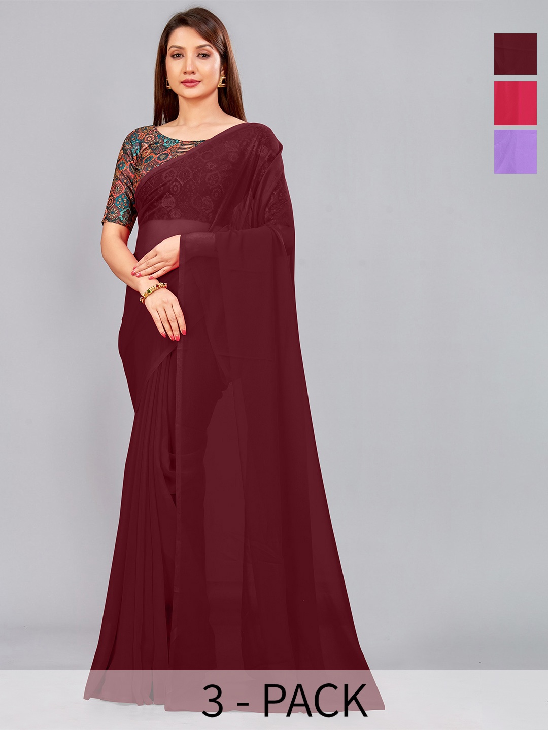

CastilloFab Selection of 3 Pure Georgette Sarees, Maroon