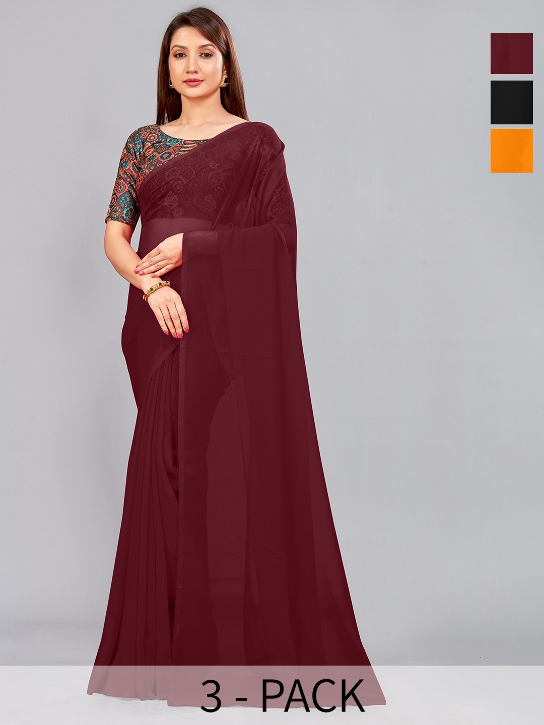 

CastilloFab Selection Of 3 Pure Georgette Sarees, Maroon