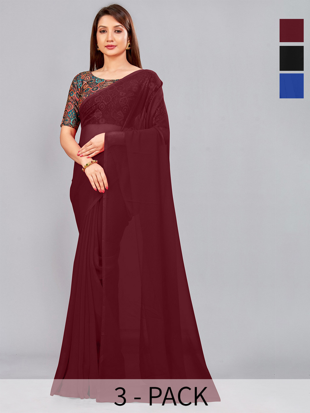 

CastilloFab Selection Of 3 Pure Georgette Saree, Maroon