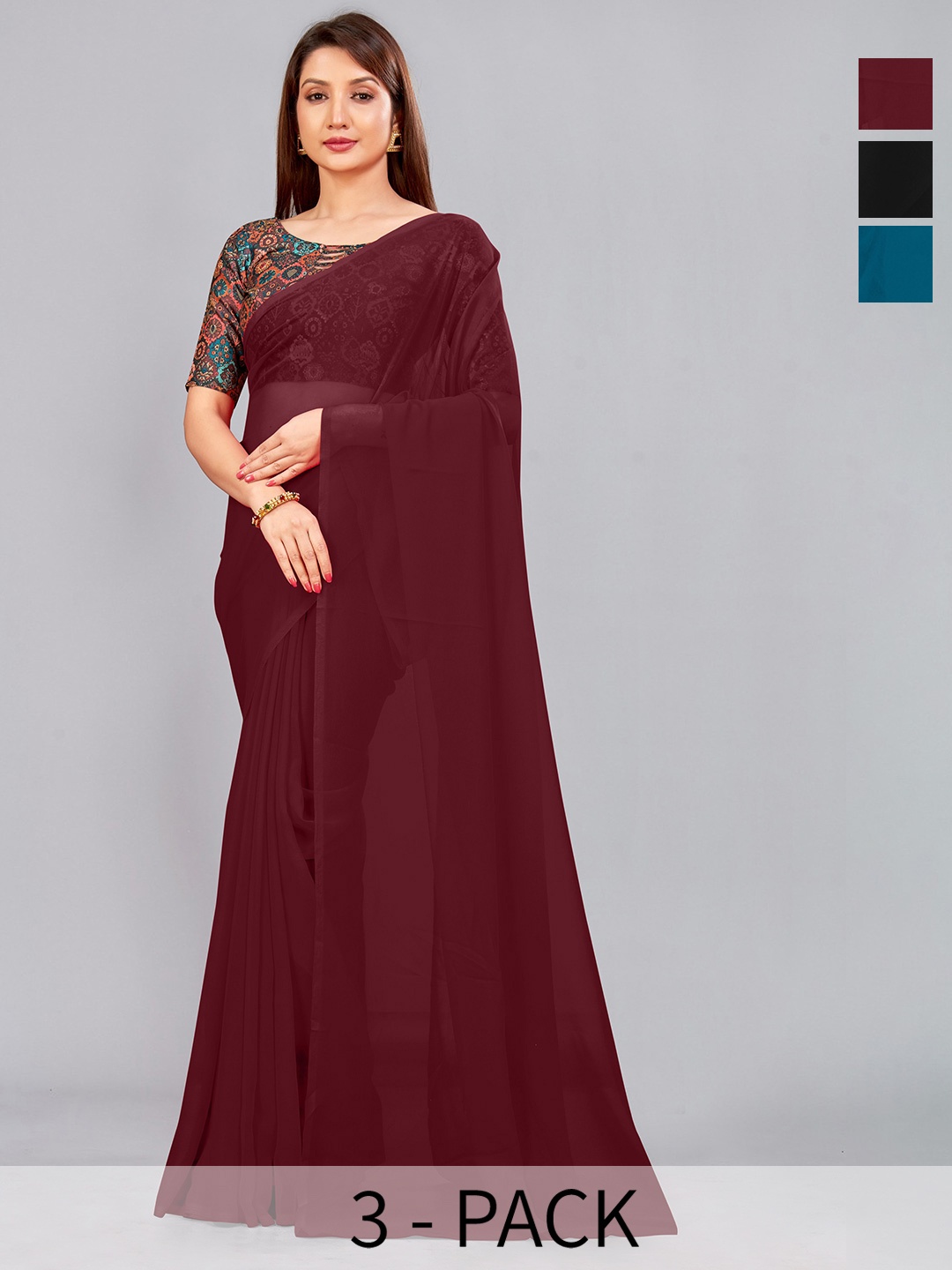 

CastilloFab Selection Of 3 Pure Georgette Sarees, Maroon