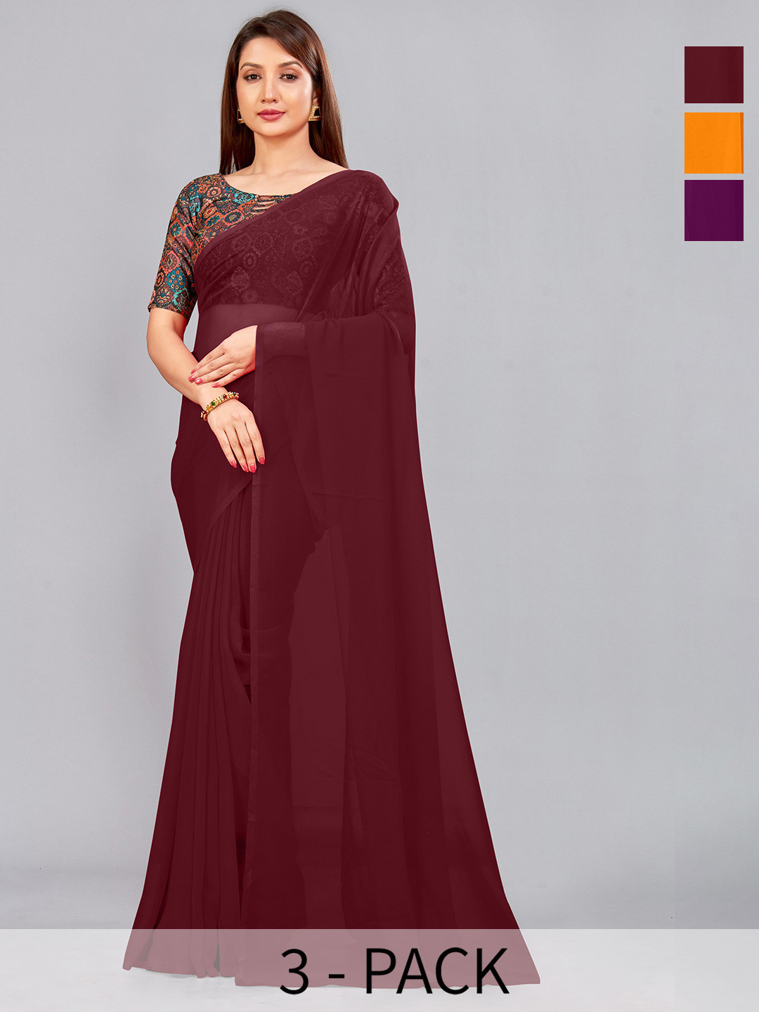 

CastilloFab Selection Of 3 Pure Georgette Saree, Maroon