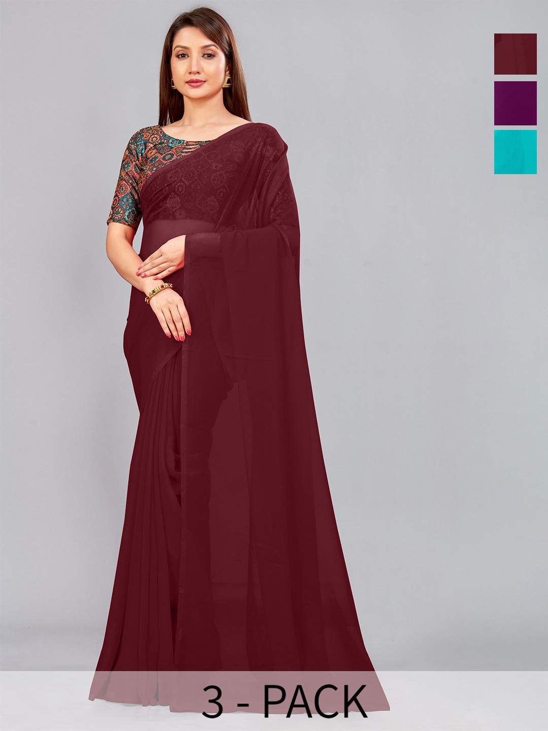 

CastilloFab Selection of 3 Pure Georgette Sarees, Maroon