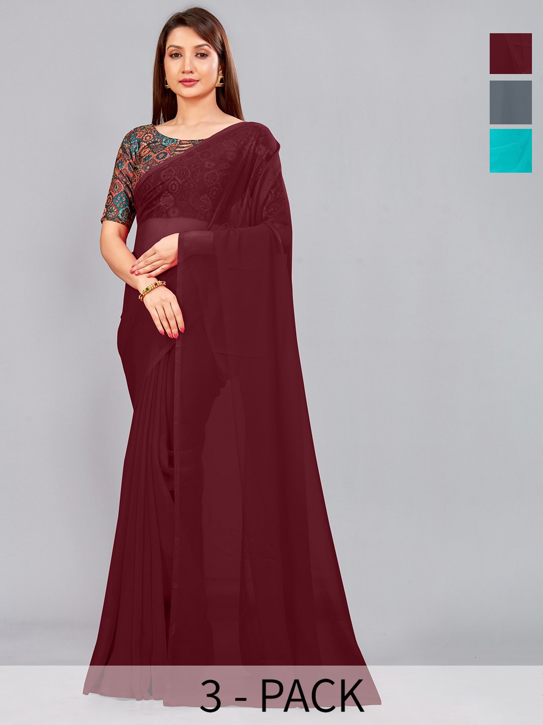 

CastilloFab Selection Of 3 Pure Georgette Saree, Maroon