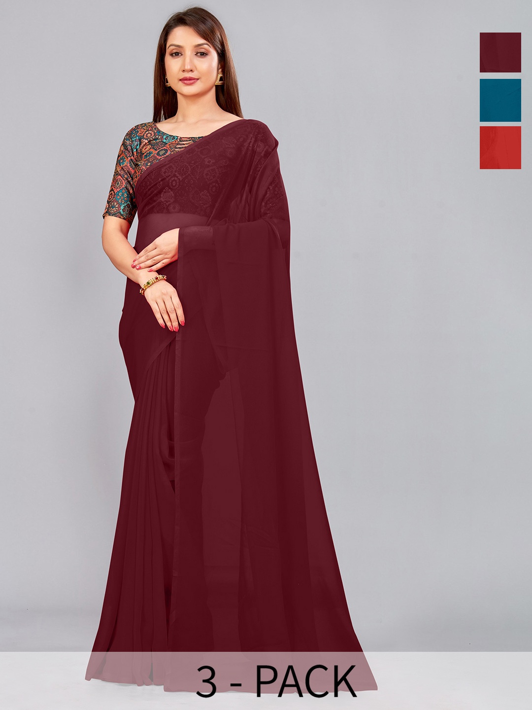 

CastilloFab Selection Of 3 Pure Georgette Sarees, Maroon