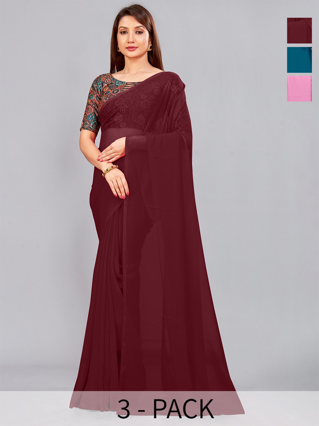 

CastilloFab Pack Of 3 Pure Georgette Saree, Maroon