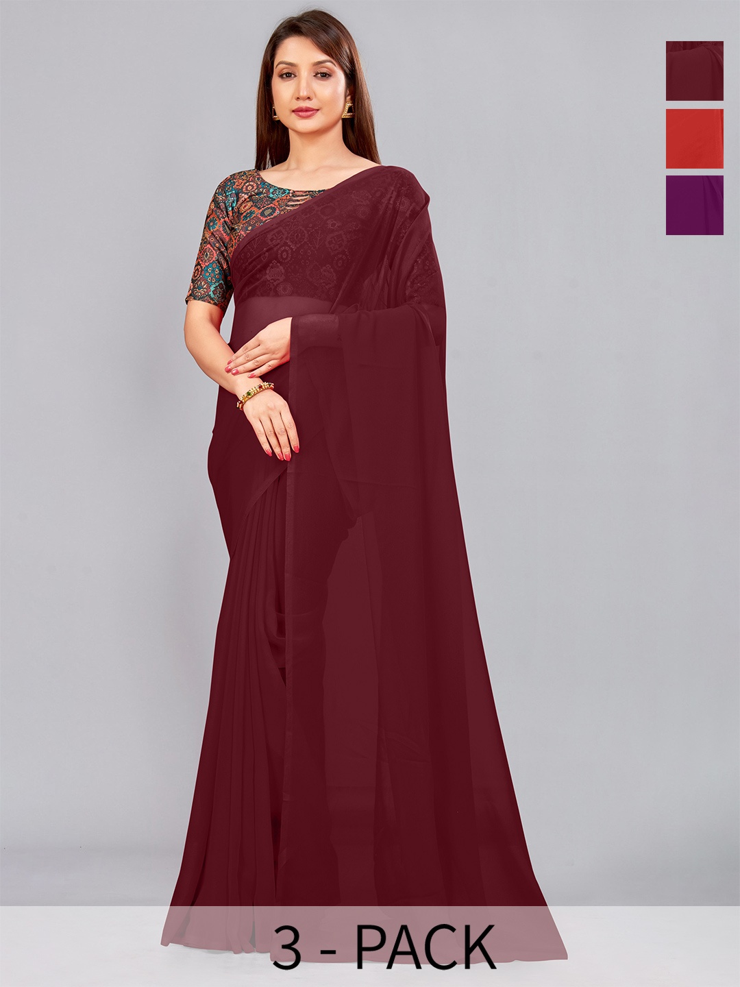 

CastilloFab Selection Of 3 Pure Georgette Saree, Maroon