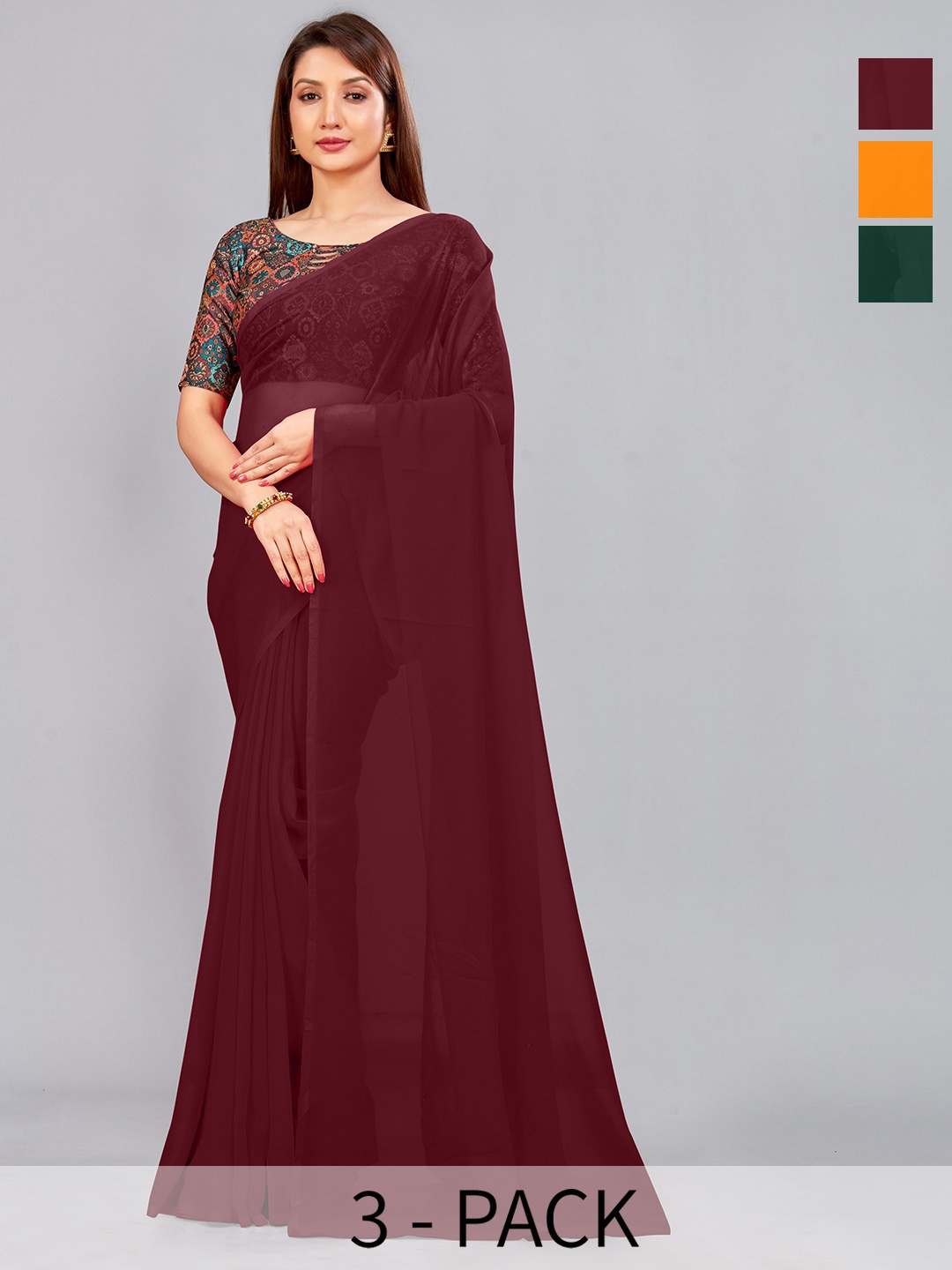 

CastilloFab Selection Of 3 Pure Georgette Sarees, Maroon
