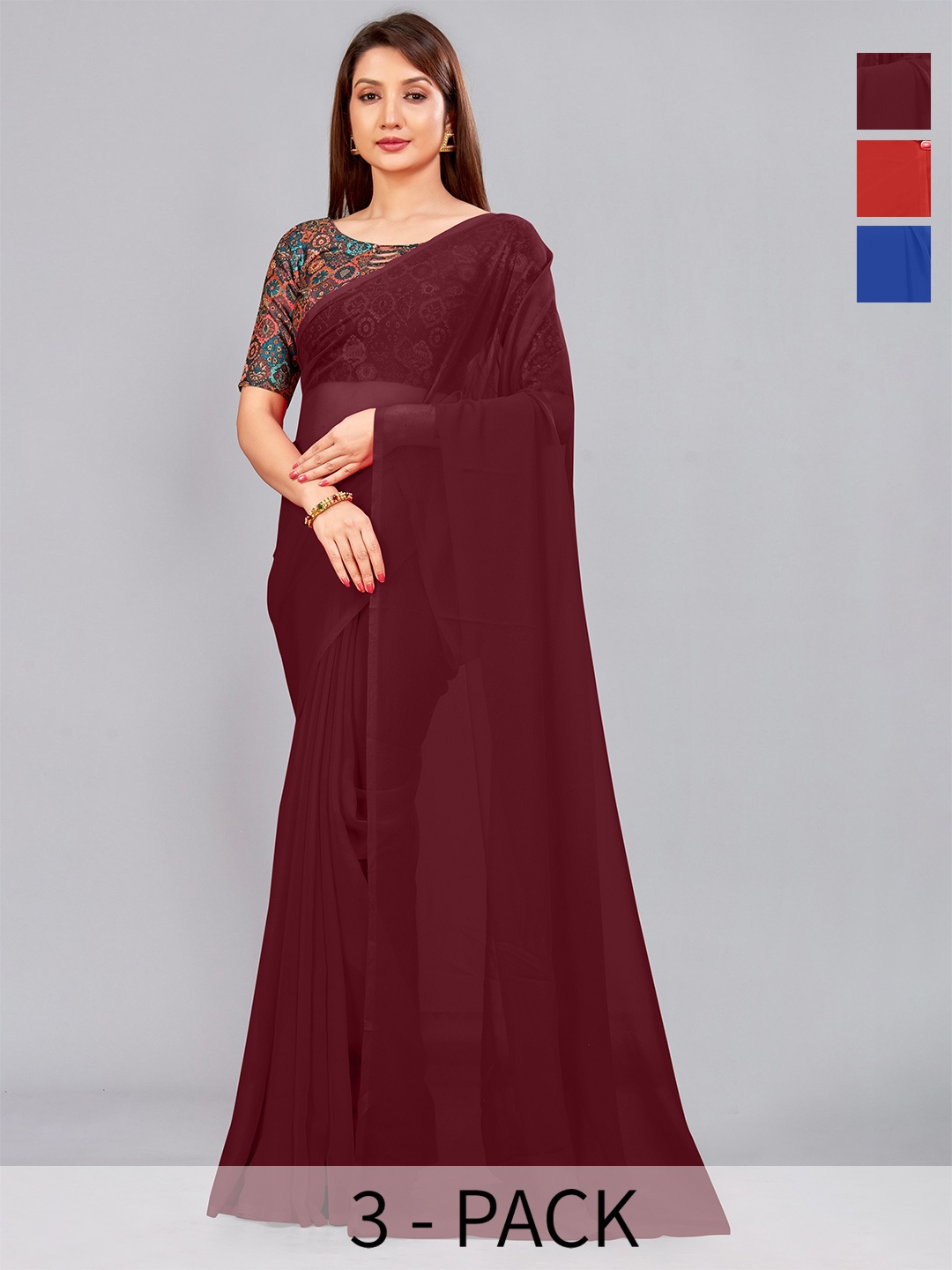 

CastilloFab Pack Of 3 Pure Georgette Saree, Maroon