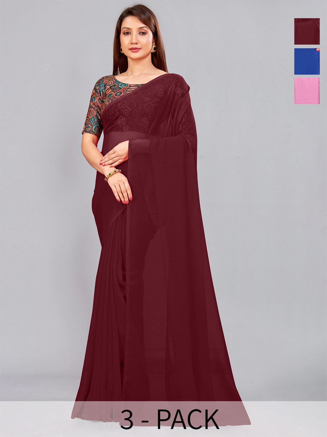 

CastilloFab Pack Of 3 Pure Georgette Saree, Maroon