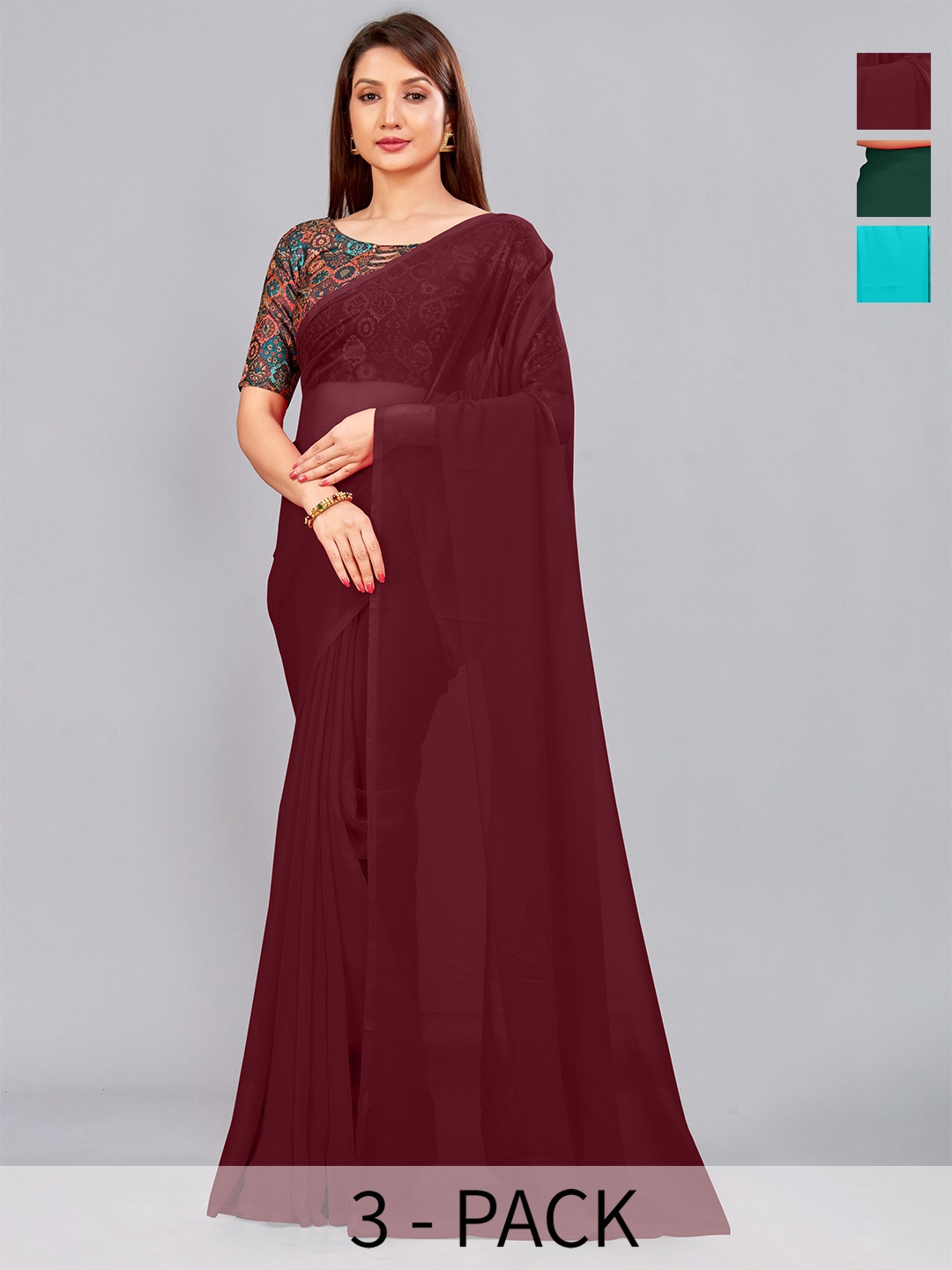 

CastilloFab Selection Of 3 Pure Georgette Saree, Maroon