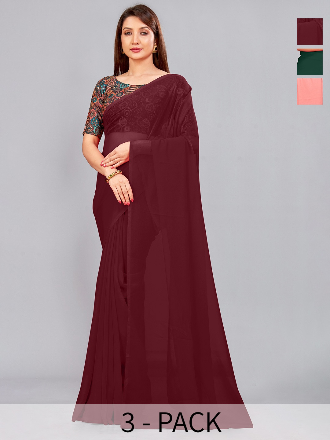 

CastilloFab Selection Of 3 Pure Georgette Saree, Maroon