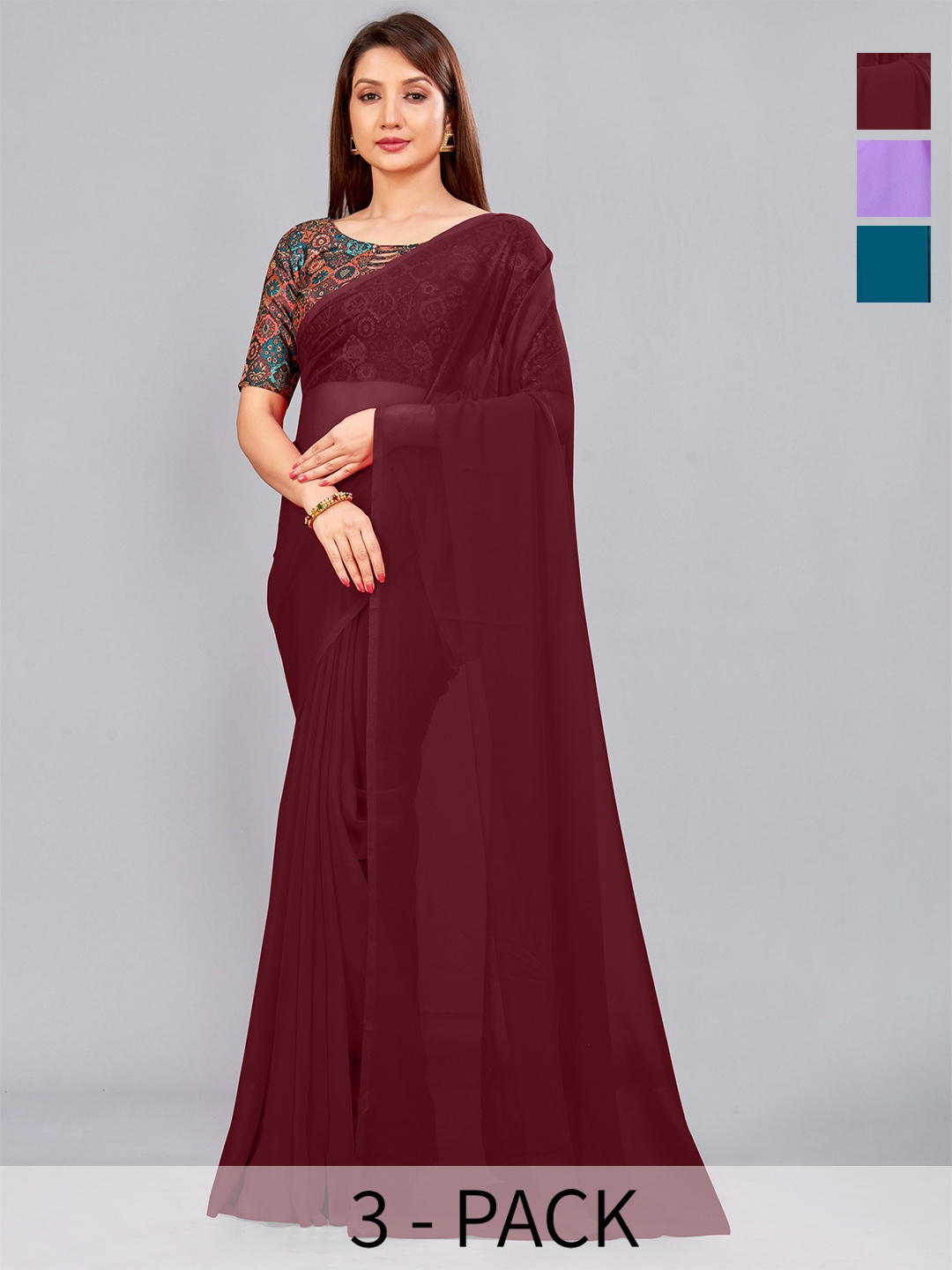 

CastilloFab Selection Of 3 Pure Georgette Saree, Maroon