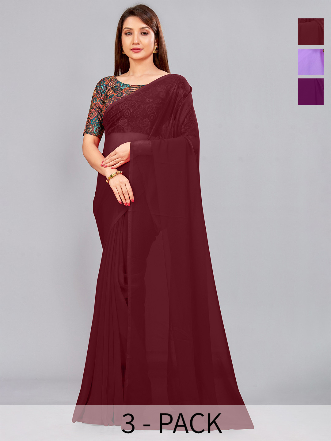 

CastilloFab Pack Of 3 Pure Georgette Saree, Maroon