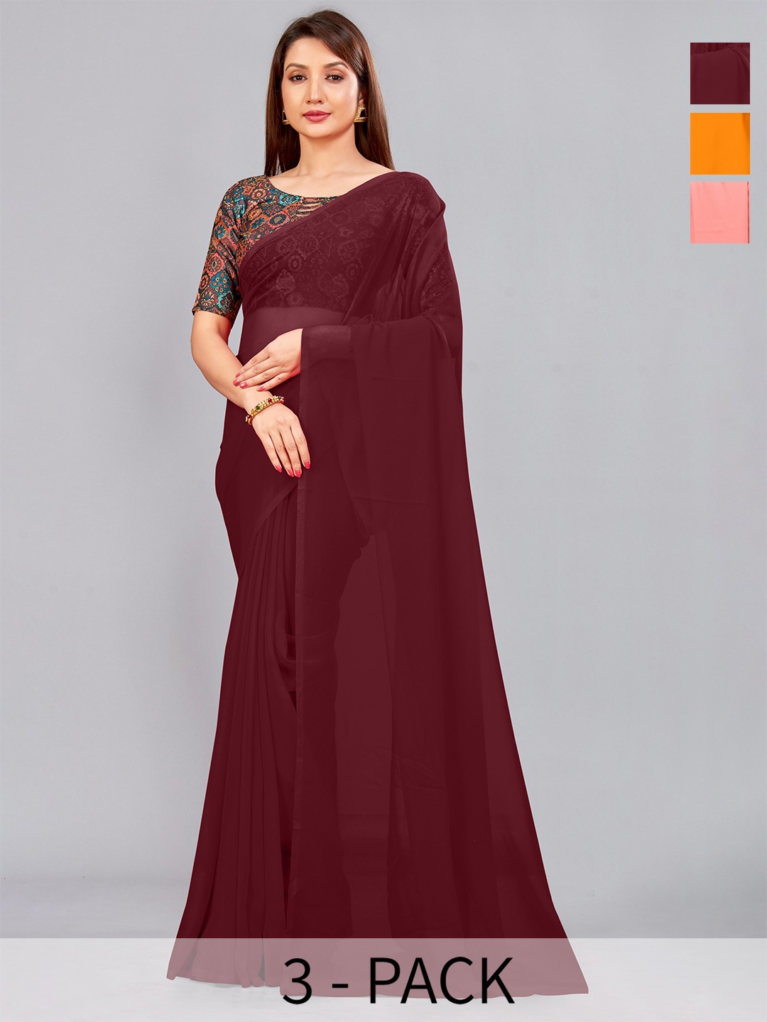 

CastilloFab Selection Of 3 Pure Georgette Sarees, Maroon