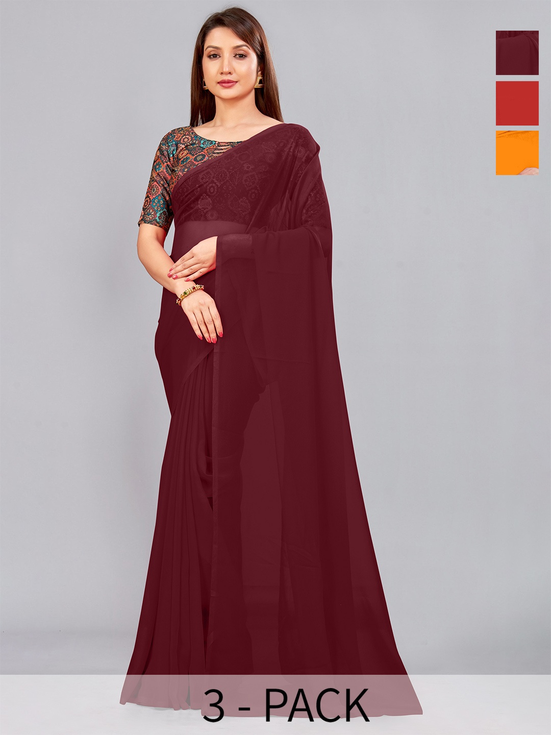 

CastilloFab Pack Of 3 Pure Georgette Saree, Maroon