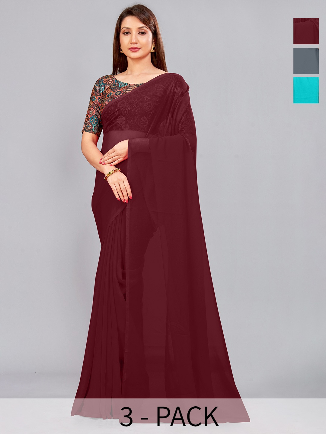 

CastilloFab Selection Of 3 Pure Georgette Sarees, Maroon