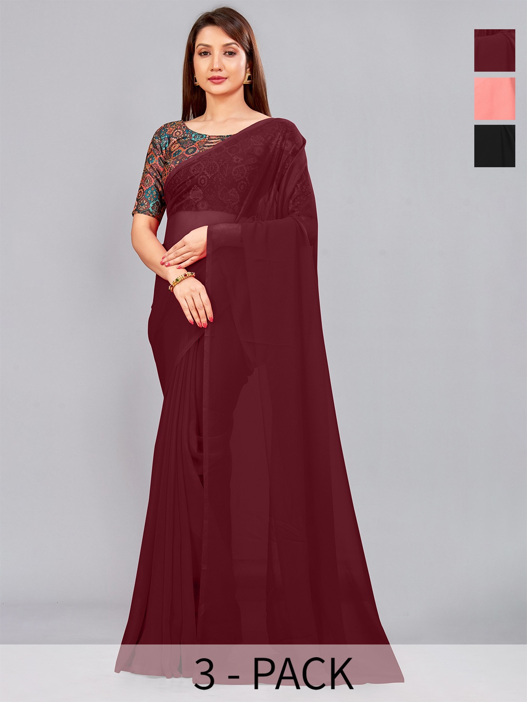 

CastilloFab Pack Of 3 Pure Georgette Saree, Maroon